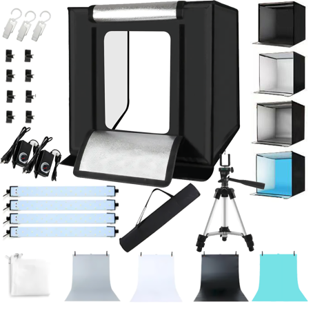 Cutie foto profesională / fotobox 120x120x120cm, cu iluminare inclusă, 4 fundaluri și accesorii