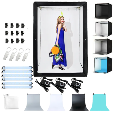 Cutie foto profesională 200x120x100cm (fotobox) cu iluminare inclusă, 4 fundaluri și accesorii