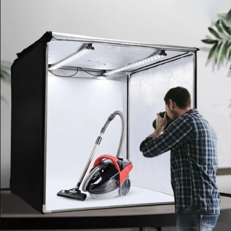 Cutie foto profesională / cort pentru fotografiere de produse 110x110x110cm, cu iluminare inclusă și două fundaluri