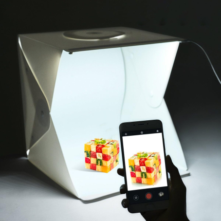 Cutie foto pentru fotografiere de produse 40x40x40cm, cu iluminare încorporată și două fundaluri