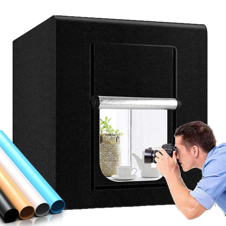 Cutie foto profesională / cort pentru fotografiere de produse 90x90x90cm, cu iluminare încorporată și două fundaluri