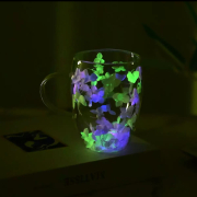 Cană cu fund dublu, fosforescentă, cu flori colorate încorporate și mâner, 350 ml