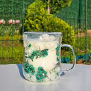 Cană elegantă cu pereți dubli, cu flori albe și verzi încorporate – 400 ml, design floral