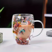 Pahar elegant cu fund dublu și decorațiuni florale, 350 ml