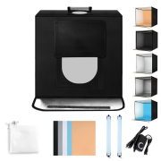 Cutie foto pentru fotografiere de produse 40x40x40cm, cu iluminare inclusă, 5 fundaluri, sursă de alimentare și geantă compactă